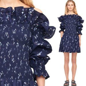 REBECCA TAYLOR Dress Ruffle Off Shoulder Smocked Ruched Francine Floral